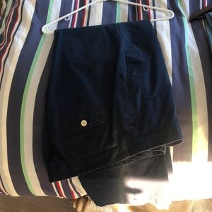 3 different types of pants (navy VV, light blue j crew, brownish other company